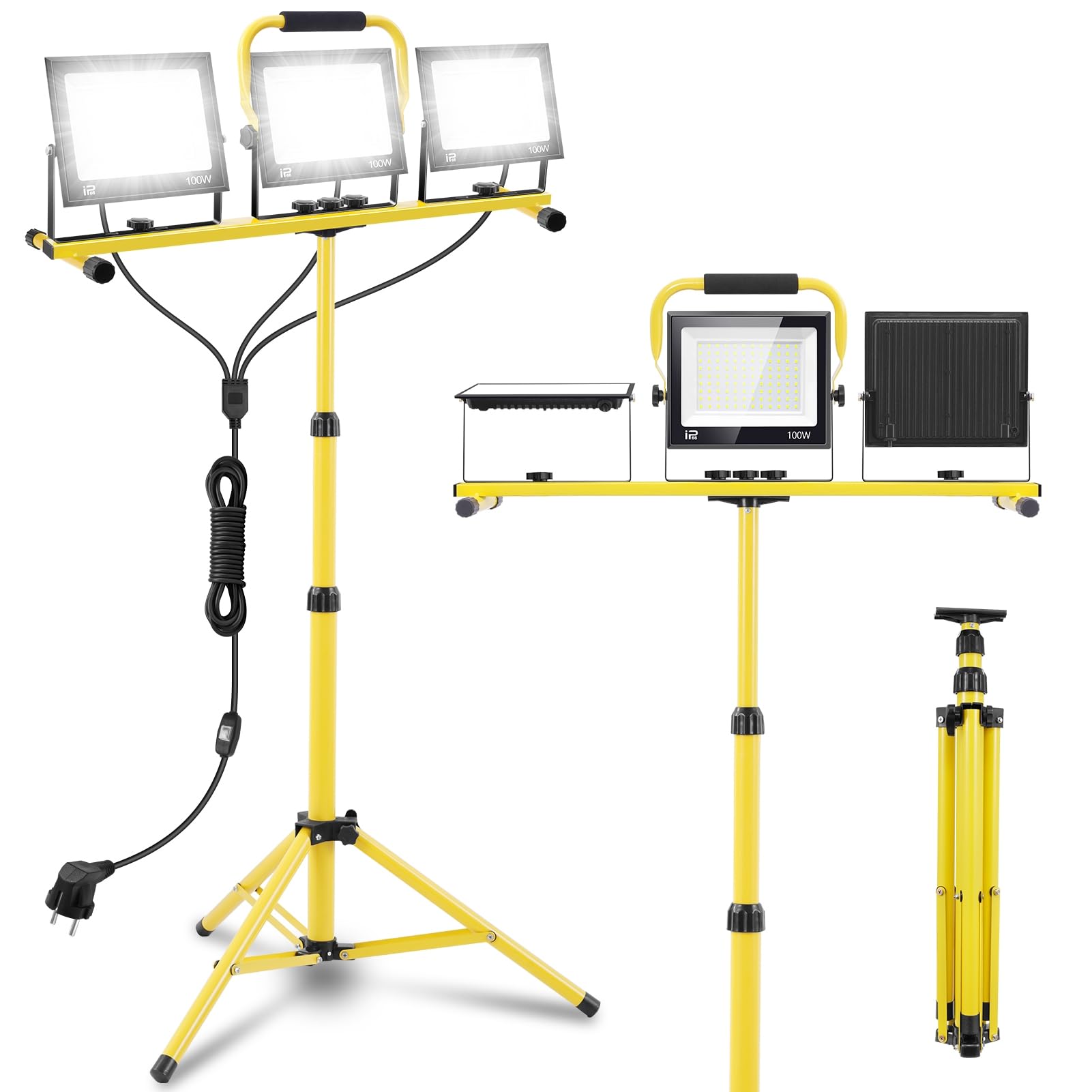 papasbox 300W LED Baustrahler mit Stativ Stecker und Schalter | Baustellenlampe 6500K Kaltweiß Baustellenstrahler | IP66 Wasserdicht Arbeitsleuchte 300W 150W 90W Baulampe für Werkstatt Baustelle
