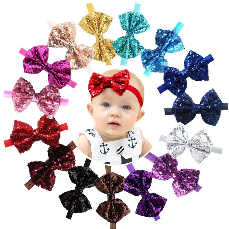 6 Pcs Baby Girls Headbands 4'' Big Boutique Bling Sparkly Glitter Sequin Hair Bows Headband Elastic Hair Bands Hair Accessories for Toddlers Infants Newborns-image-29