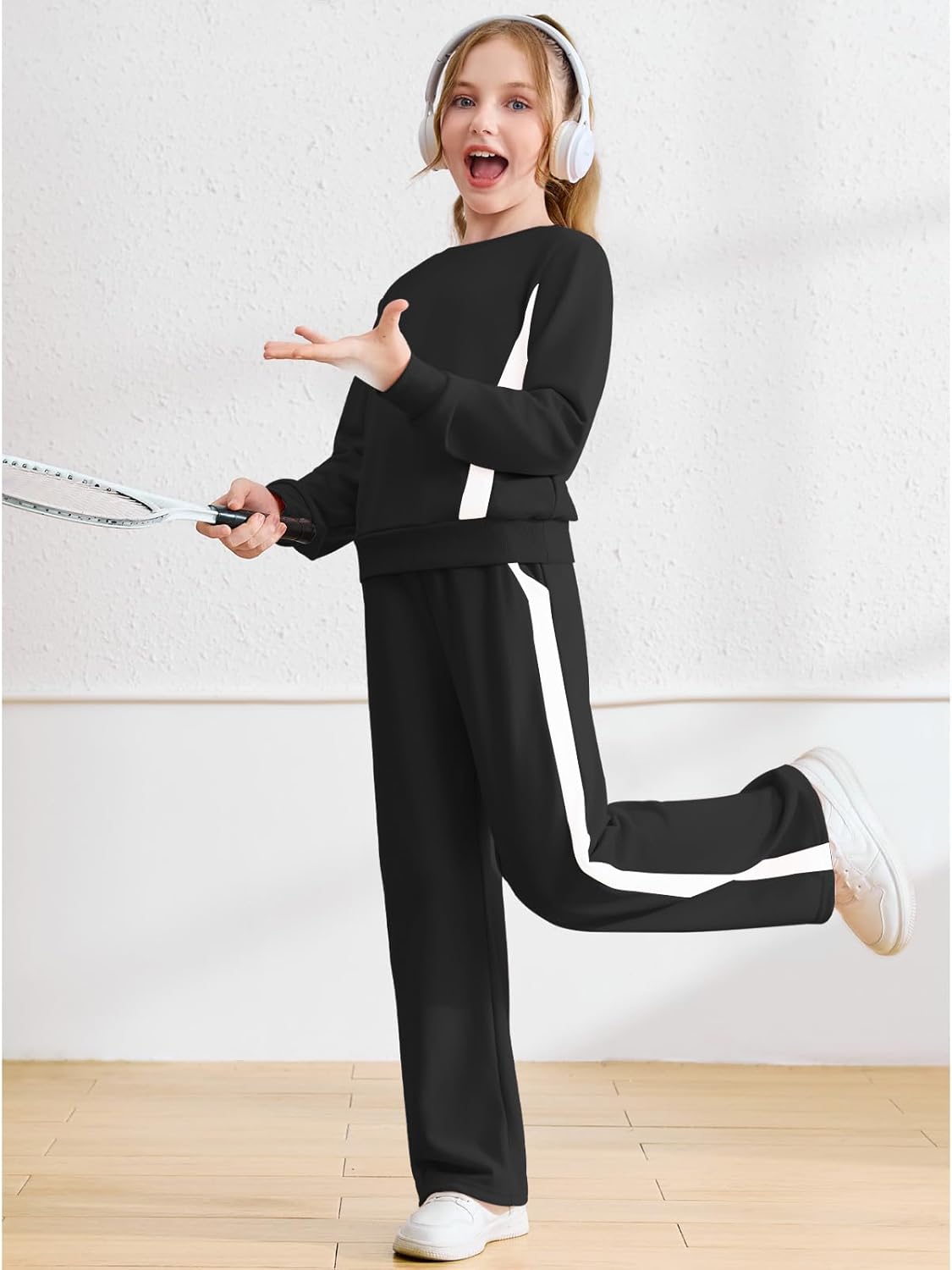 Haloumoning Girls 2 Piece Fall Outfits Color Block Sweatshirt and Elastic Wide Leg Sweatpants Clothing Sets 5-14 Years - Image 4