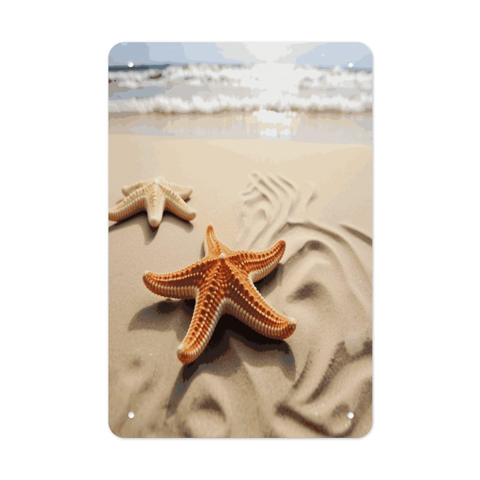 LDGSUPH Starfish on The Sand Beach Landscape Wall Art Prints Folded Edge Iron Sheet Painting with Holes for Wall Prints Decorative Picture Metal Signboard Decor Painting for Outdoor Indoor Wall Decor