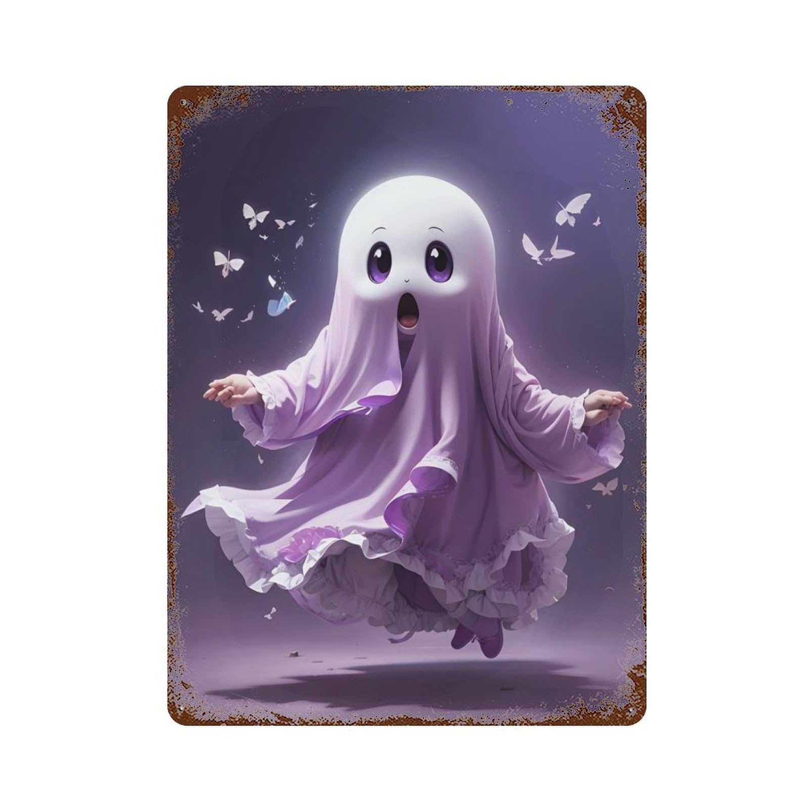 Decorative Tin Sign with Cute Ghost with Butterflies Design 15.7"x11.8", for Basement, Hobby Room And Garage Decor, Farmhouse Wall Decor