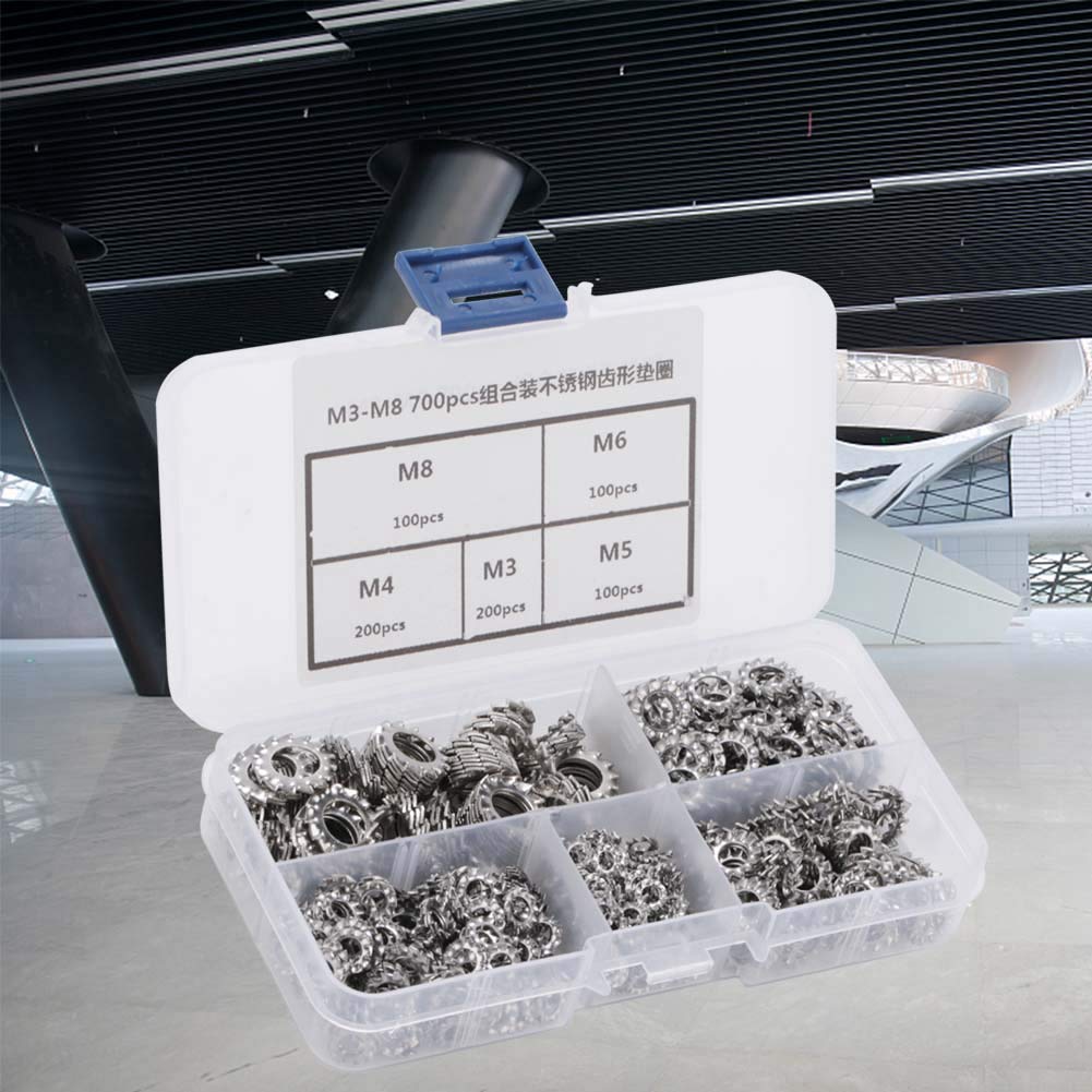 700Pcs External Tooth Lock Washers Assortment Kit, M3 M4 M5 M6 M8 Combination Box Stainless Steel 304 External Multi Tooth Star Lock Washers Assortment Set