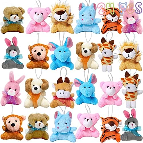 DINESIL 24 Pieces Mini Plush Animals Toys Set, Cute Small Stuffed Animal Keychain for Kids Easter Hunts, Basket Stuffers, Goodie Bag Fillers, Party Favors Supplies