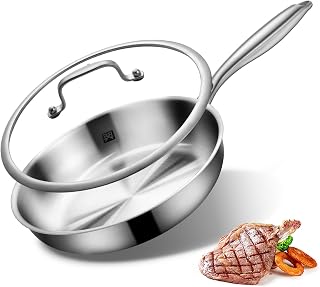 Edelstahl Bratpfanne 24cm mit Deckel, Edelstahl Pfanne unbeschichtet, 3-lagige Edelstahlpfanne induktion Omelette Schadstofffreie Pfanne für alle Herdarten spülmaschinenfest für Steak Ei (24cm)