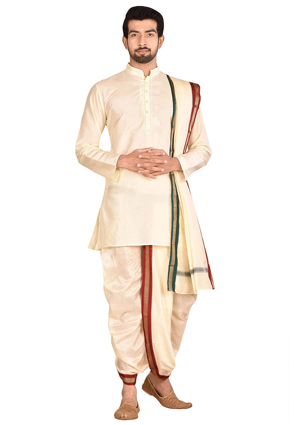 Traditional Silk Dhoti Kurta Set in Cream-image-6