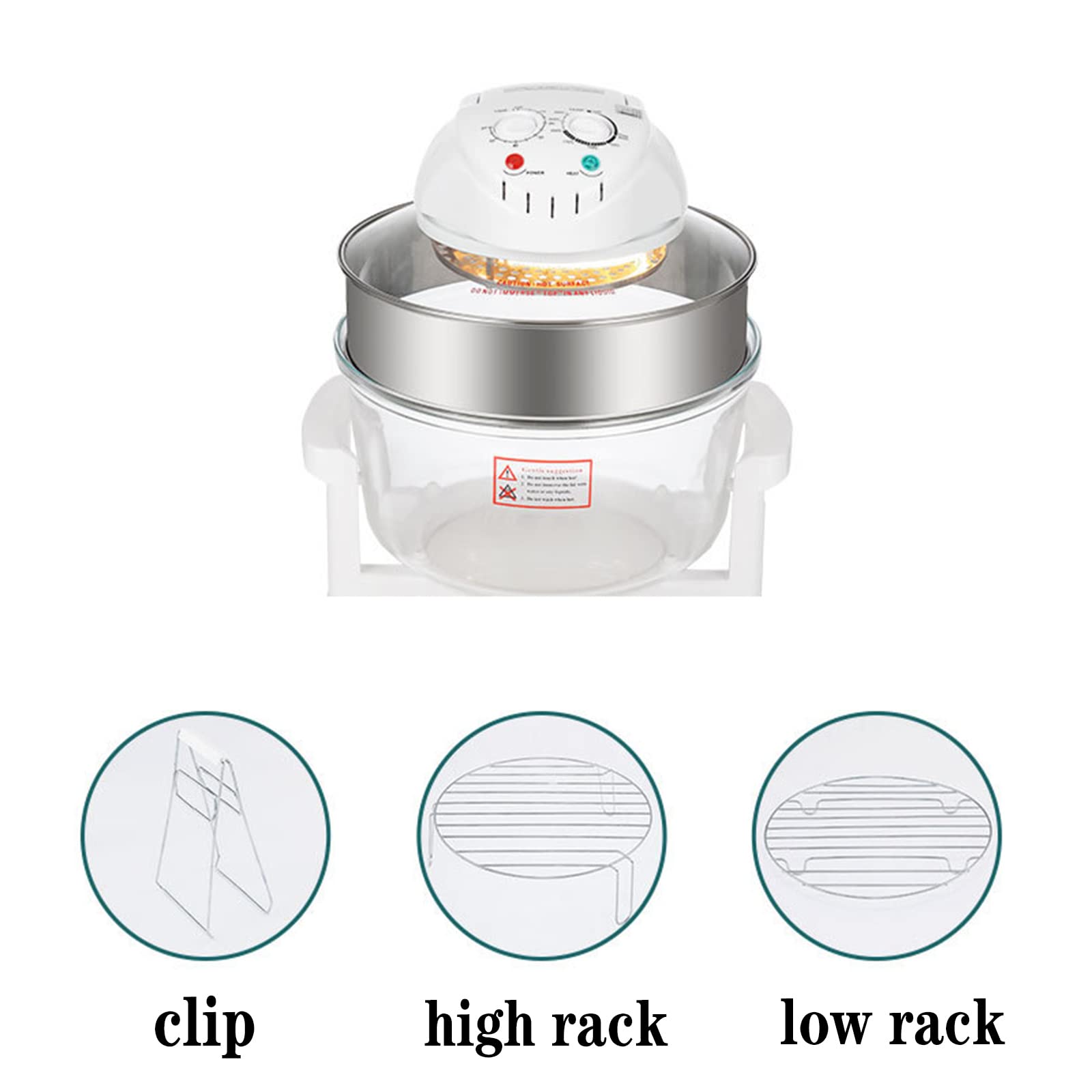 ADORZGlass Air Fryer, 17L Halogen Oven Cooker, 1300W 60 Minutes Automatic  Timer Function, With Detachable Heightening Ring and Non-slip Heat