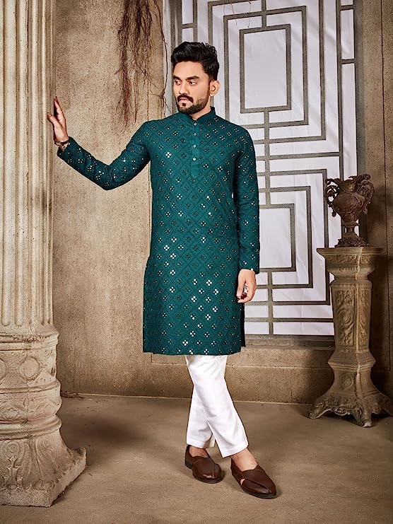 Image of Pure Soft Cotton Long Sleeve and Collared Neck Kurta Men with Embroidery Mirror Work Perfect for Weddings and Functions