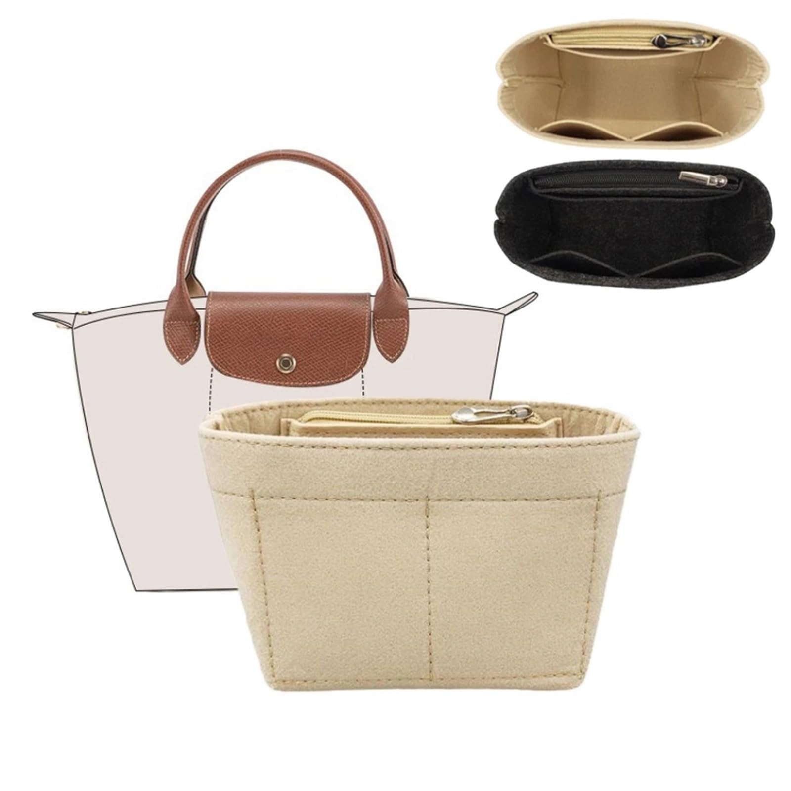 Innentasche Aus Filz 4 Stück Taschen-Organizer, Mini-Taschen-Organizer, Einsatz, geschichteter Liner, leichte Aufbewahrungstasche, geeignet for Taschen(Beige No Zip)