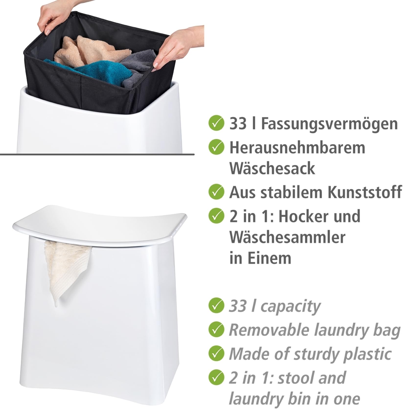 WENKO Wing taboret łazienkowy i kosz na pranie, taboret z pokrywką i wyjmowanym workiem na pranie, tworzywo sztuczne, pojemność 33 l, 45 x 48 x 33 cm, biały