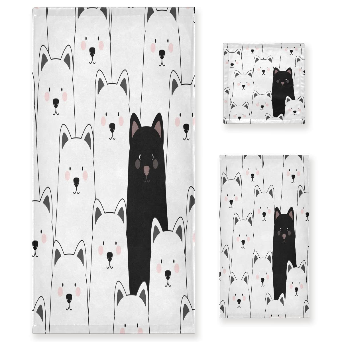Vnurnrn Negro Blanco Gatito Perro Cat Juego de Toallas para Baño Playa Toalla (1 Toalla de Baño y 1 Toalla de Mano y 1 Paño de Lavado) para Nadar Niñas Niños