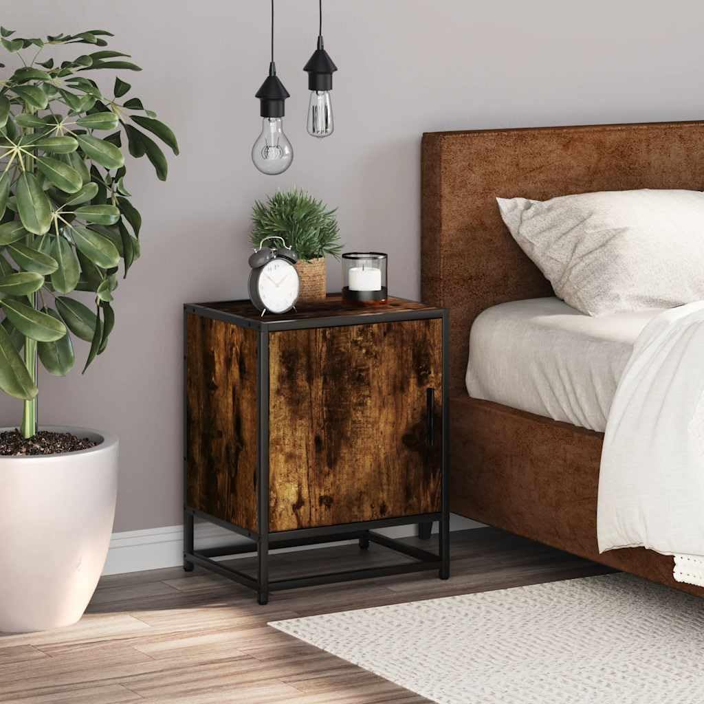 Fengshui Nachttisch Räuchereiche 40x31x50 cm Holzwerkstoff Metall | Stabile Oberplatte, praktische Tür, reichlich Stauraum, inklusive Wandhalterung