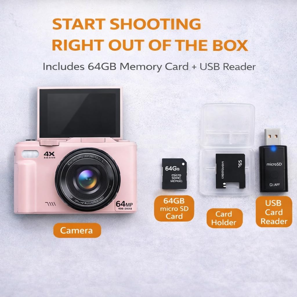 4K Digital Camera 64MP, Compact Vlogging Camera with 180° Flip Screen, WiFi, 16X Zoom, 64GB Card, Pink