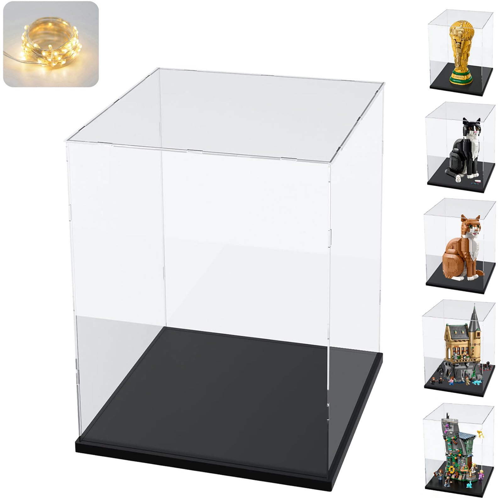 Clear Acrylic Display Case for Labubu Popmart The Monsters Fall in Wild Doll for Space Molly 400% for Lego 43230 21347 75308 31141 Transparent Box for Lego Display with Light, Black 9.8x9.8x15.7 inch — image 1