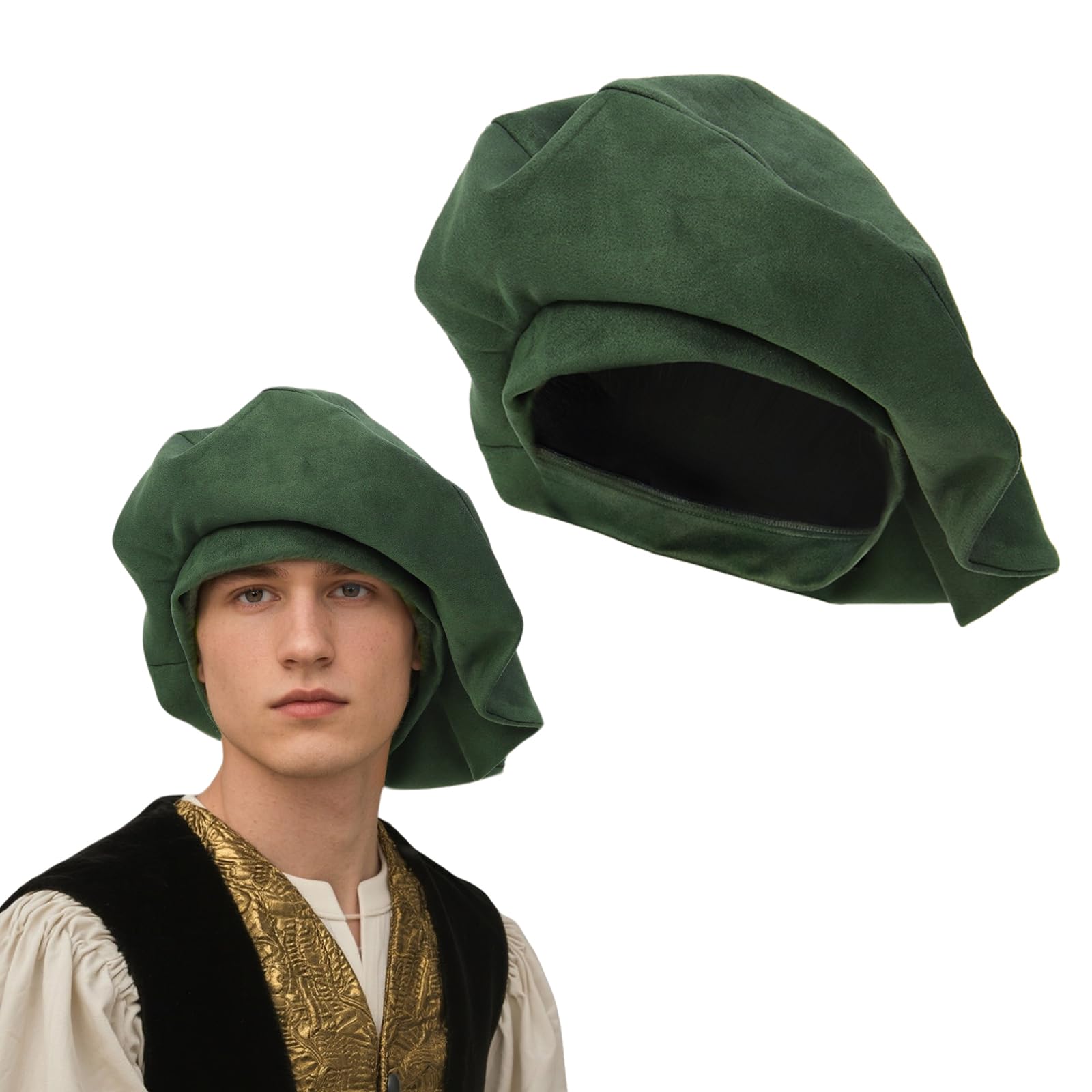 Cdecgo Medieval Tudor Suede Hat Muffin Renaissance Elizabethan Cap Headwear, Green, One size