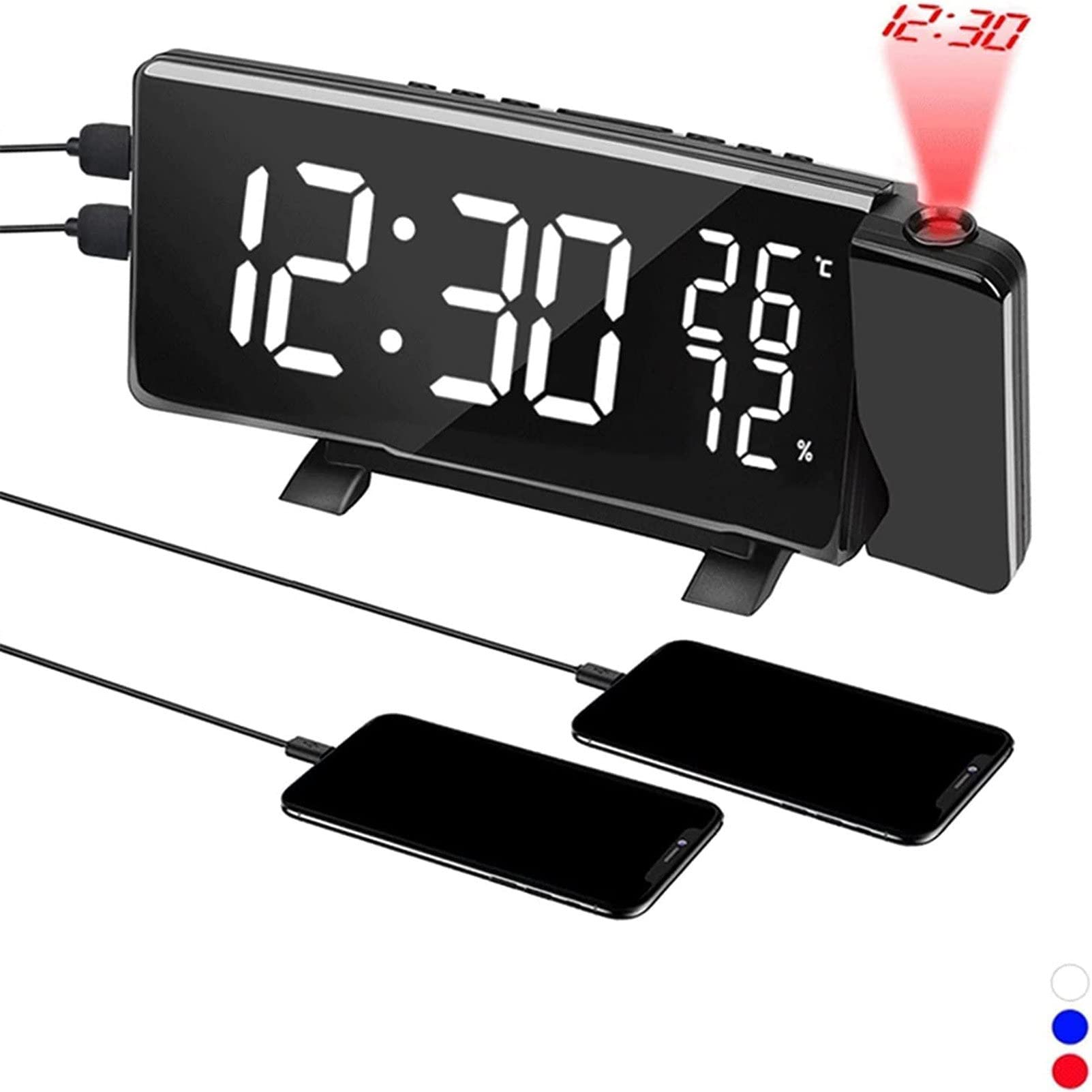 Réveil numérique à projection avec radio FM, projecteur 180°, écran miroir LED 7'' à grands chiffres, gradateur automatique avec chargeur de téléphone USB, double alarme, répétition de réveil
