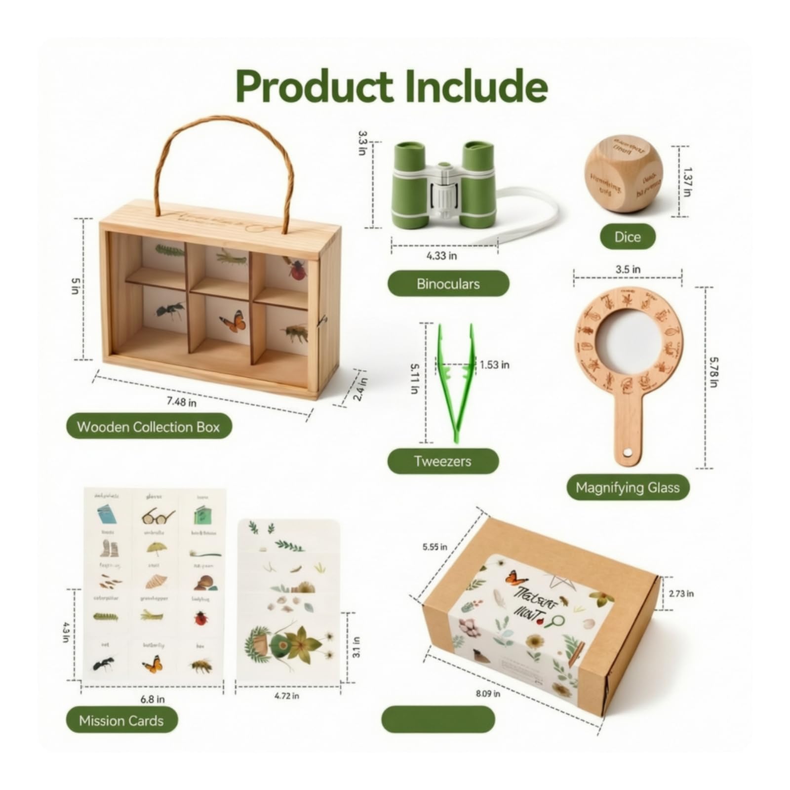 Kit di Esplorazione con Custodia in Legno Resistente Ideale Come Regalo per Apprendimento All'aperto, Passeggiate Natura, Gioco Immaginativo