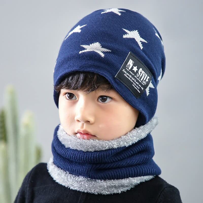 FabNext� Kids Winter Warm Acrylic Wool Hat with Scarf Set, Warm Fleece Knit Beanie Cap Scarf Mask for Boys (9-15 Year) Blue Color - Image 2 thumbnail