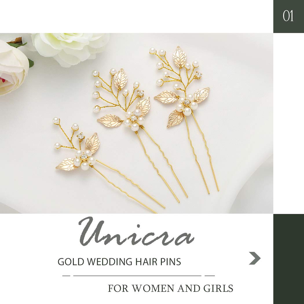 Unicra Pearl Wedding Hair Pins Flower Crystal Hair Accessories Leaf Bridal Headpiece for Women(Pack of 3) (Gold) - Image 2