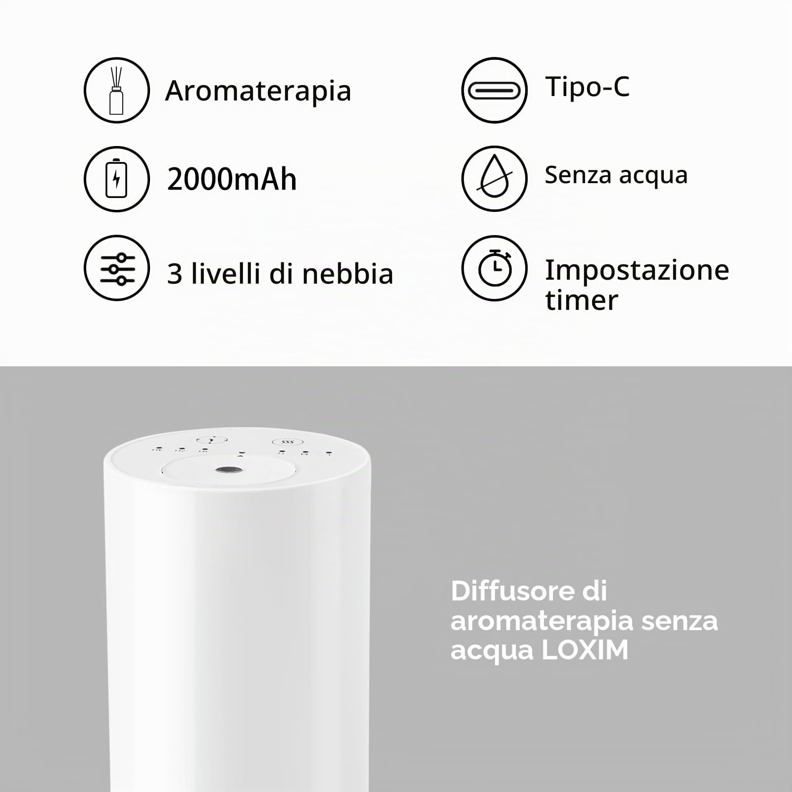 LOXIM Diffusore di aromi senza acqua, senza fili, con oli essenziali di menta piperita, fragranza per interni con batteria, 3 nebbie fredde, 3 timer 1/2/3 H, diffusore per aromaterapia, per auto