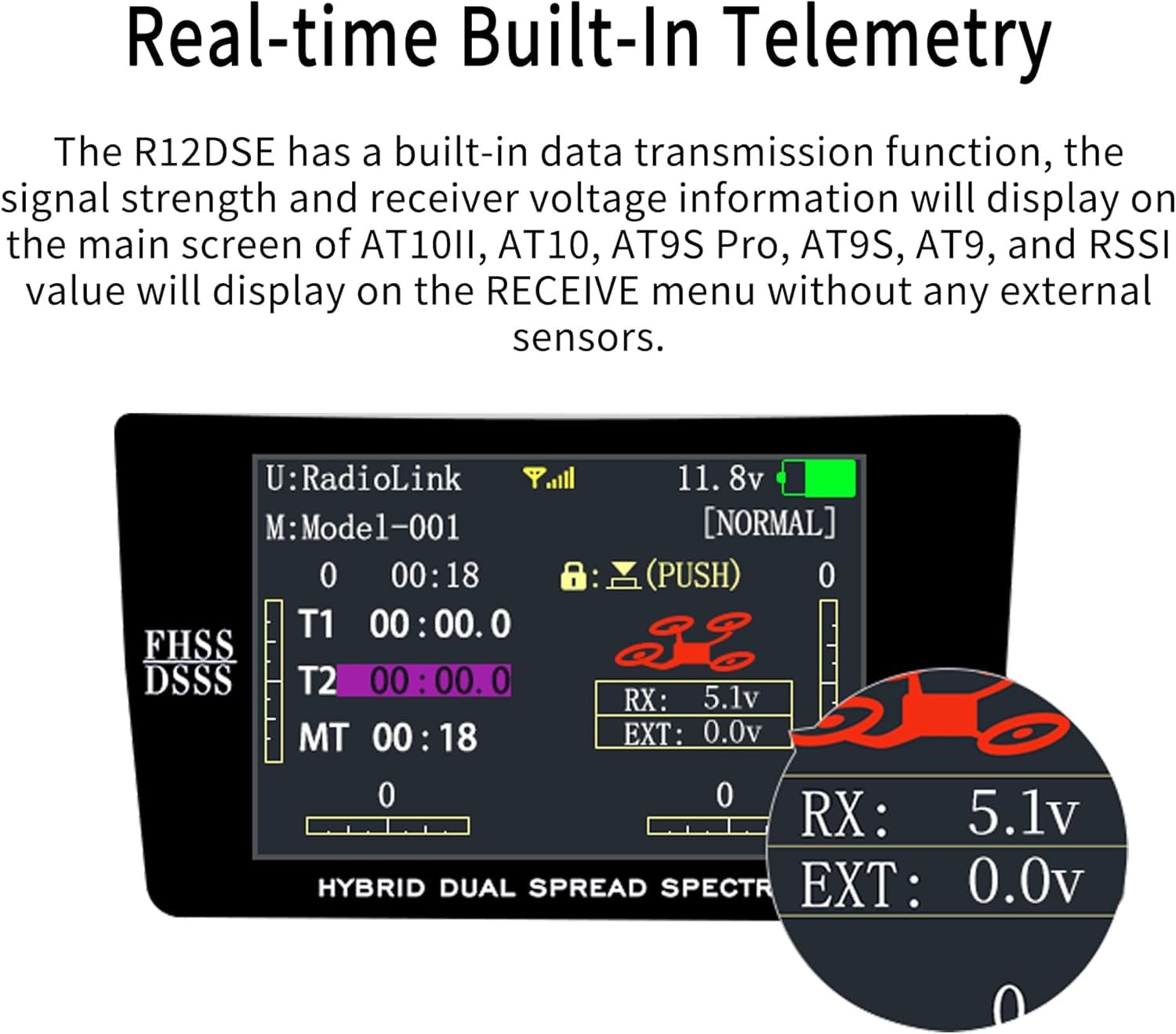 Radiolink R12DSE RC ricevitore 12 canali 2,4 GHz SBUS/PPM tensione elemetria e ampia portata per telecomando AT9/AT9S/AT9S Pro AT10II/AT10 per droni da corsa FPV, quadcopter ed elicotteri