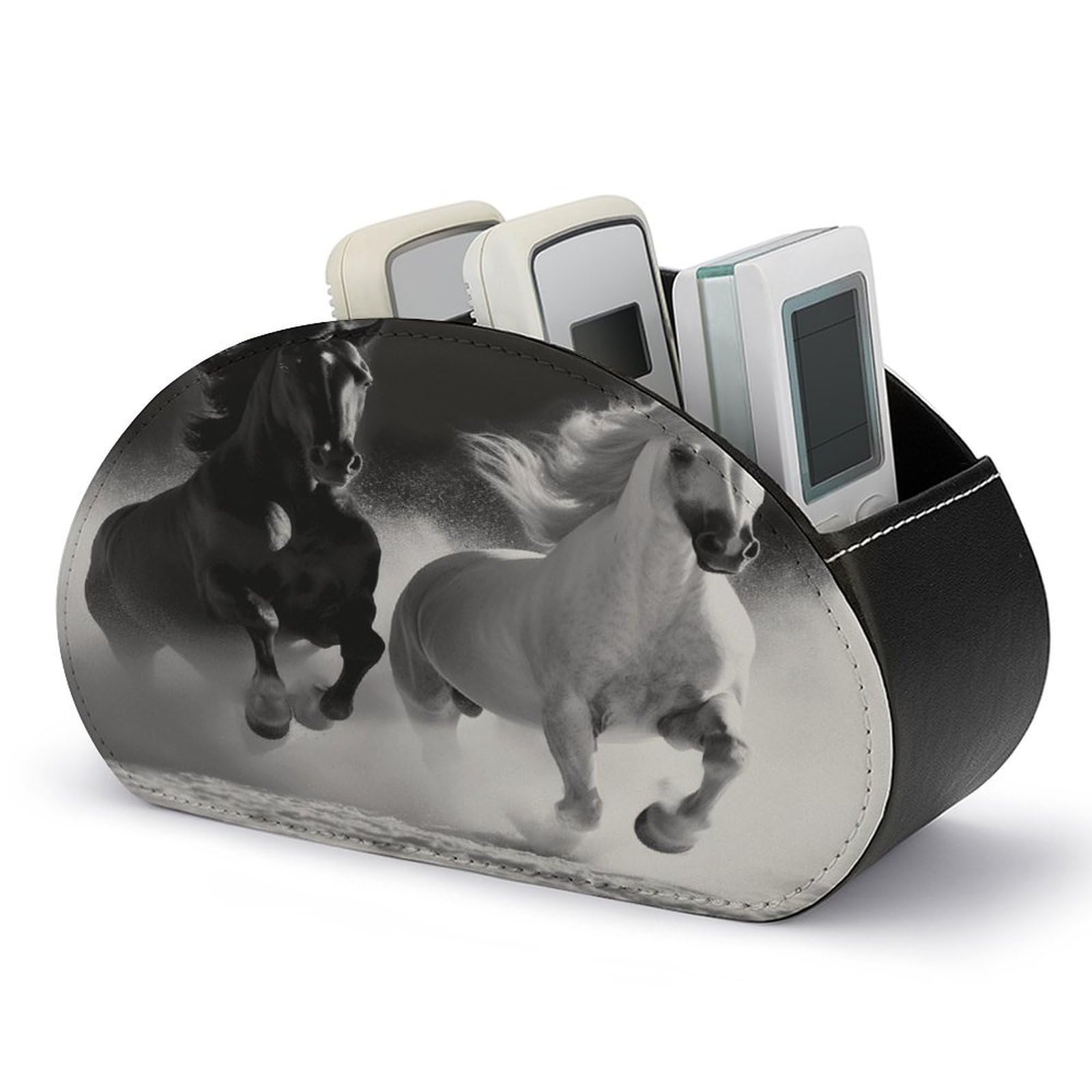 VstaDank - Horse Remote Control Stand Black and White with 5 Compartments PU Leather Box Multifunctional Office Computer Storage Organizer