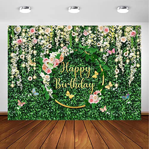 Avezano Greenery Birthday Backdrop Jungle Safari Grassland Birthday Party Decorations Green Leaves Floral Wall Women Girls Photoshoot Background Banner Supplies (7X5Ft) #TOP19