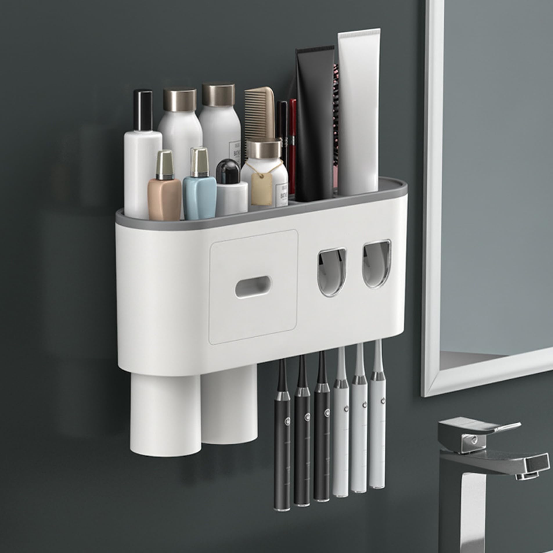 YUEKOPOU Wall Mounted Toothbrush Holder, Automatic Toothpaste Dispenser – No Drill Bathroom Organizer for Countertop Storage,