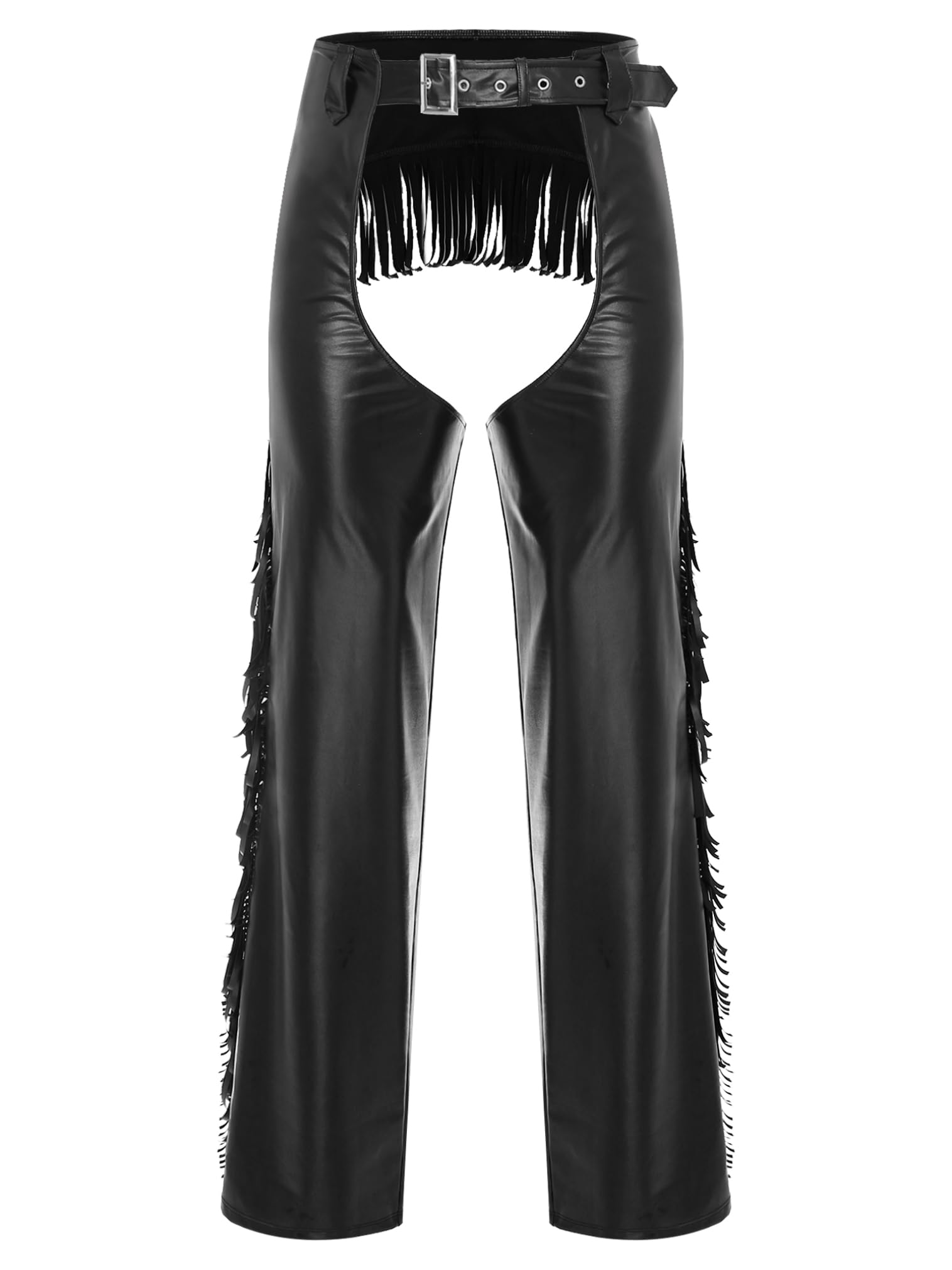 FEESHOW Mens Western Fringed Chaps Adjustable Waist Motorcycle Faux Leather Cowgirl Cowboy Chaps Black 4XL