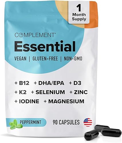 Complement Multivitamínicos veganos para mujeres y hombres, Omega 3 DHA+EPA, vitamina B12, vitamina D3 K2, zinc, selenio, magnesio, suplemento de