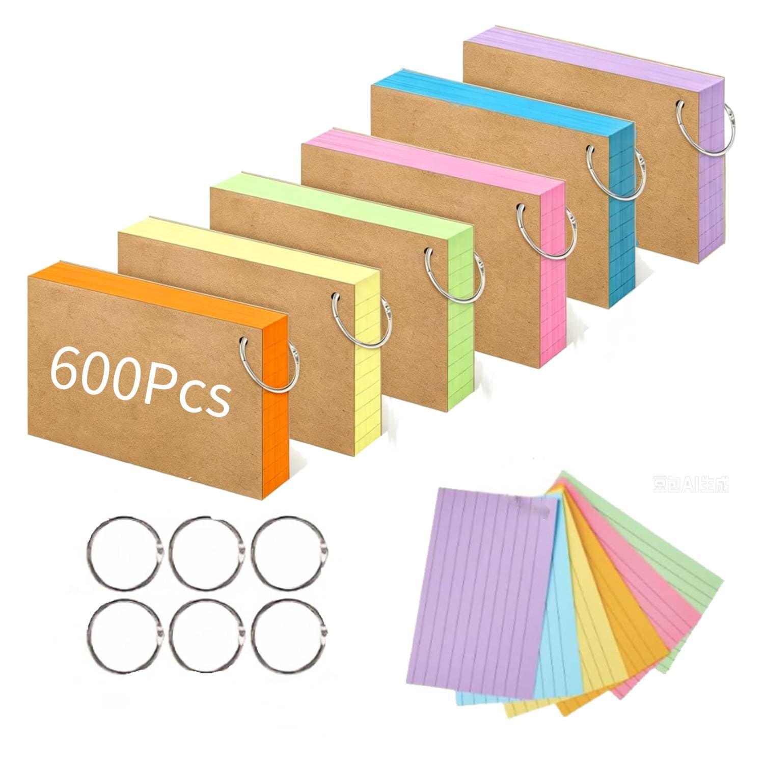 Qcdou A6 Flash Cards(148x105mm), 600Pcs Revision Cards with 4 Binder Rings, Coloured Card, Double Sided Flashcards, Ruled Index Card, Notecards for School, Learning, Office, Work, Speech