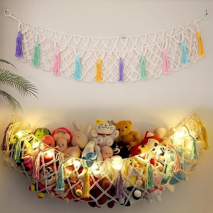 Macrame Stuffed Animal Hammock Jumbo, Large Toy Corner Hanging Net With Star Lights for Boho Kids Room Nursery Playroom - Cotton, White, 150 x 120 x 2.5 Cm