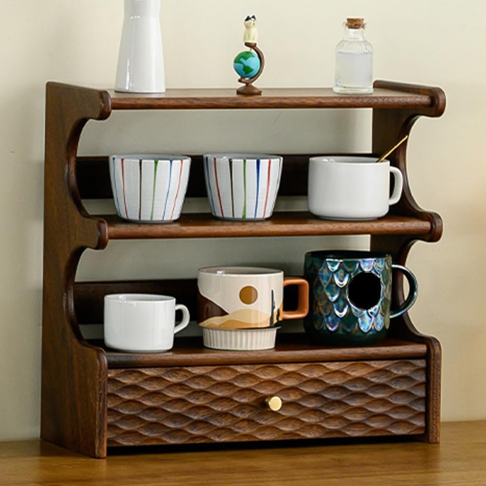 Multi-layer Solid Wood Cup Holder, Rustic Mug Shelf with Carved Drawers, Coffee Bar Accessories with Copper Handles, Open Countertop Storage for Kitchen, Living Room