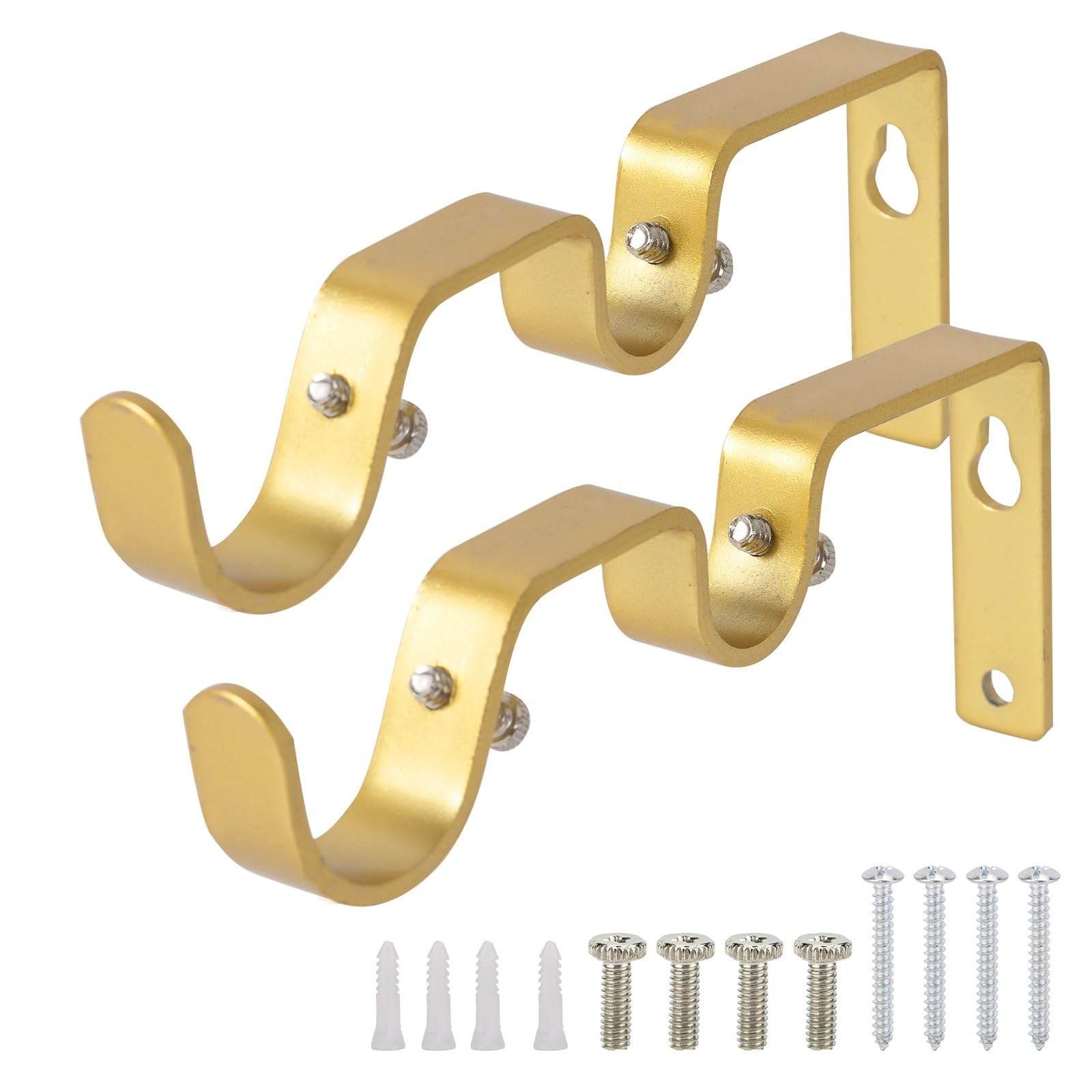 RUWLFE 4 Pcs Rod Brackets Thickened Aluminum Curtain Single Pole Holder Wall Mount Hardware Compatible for Poles, Wall Rod(Gold)