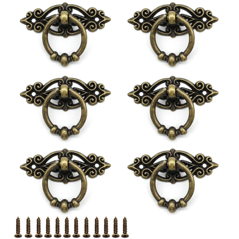6 Pcs Antique Ring Pull Handle with Screws Cabinets Kitchen Wardrobe Drawer Cupboard Vintage Furniture Hardware Vintage Pull Ring Retro Knob - Antique Brass