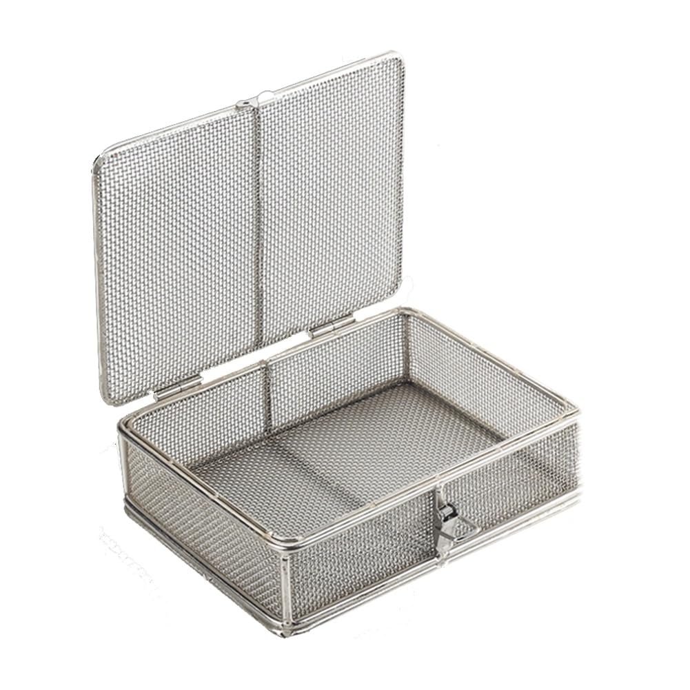 Bandeja de esterilización de acero inoxidable con tapa, cesta de malla perforada para operación de instrumentos médicos, 15 x 10 x 6 cm, duradera y fácil de limpiar
