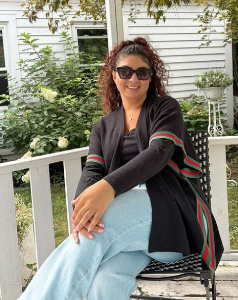 Amelia Classic Black Poncho Wrap: Versatile Open-Front Shawl with Red & Green Striped Trim – Layered Ruana for Women3