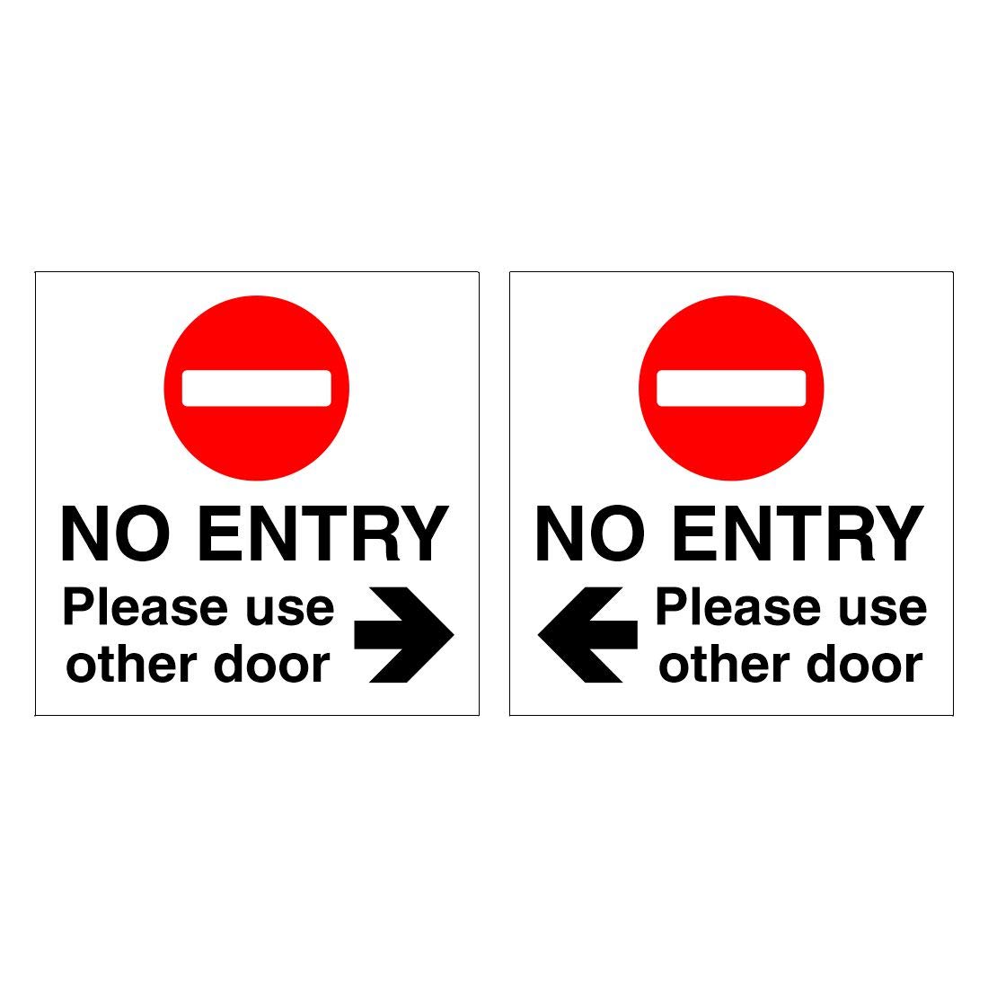 Set of 2 No Entry Please use Other Door Signs. 120mm x 120mm Self Adhesive Stickers. Ideal for Homes and Businesses. Easy to Apply
