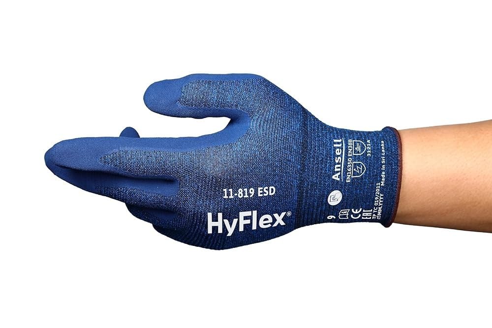 Ansell Hyflex 11-819 Profesjonalne rękawice robocze, ochrona przemysłowe ryzyko mechaniczne, majsterkowanie, ogrodnictwo, obsługa, montaż, kobiety, niebieski, rozmiar L (12 par)