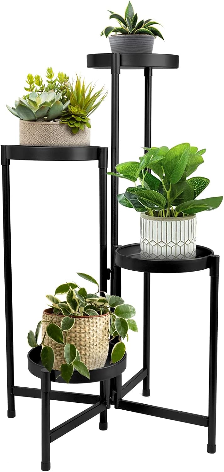 4 Tier Plant Stand Indoor Outdoor, 31 Inch Tall Metal Plant Shelf Waterproof, Plant Holder with Folding Design For Home, Living Room, Black