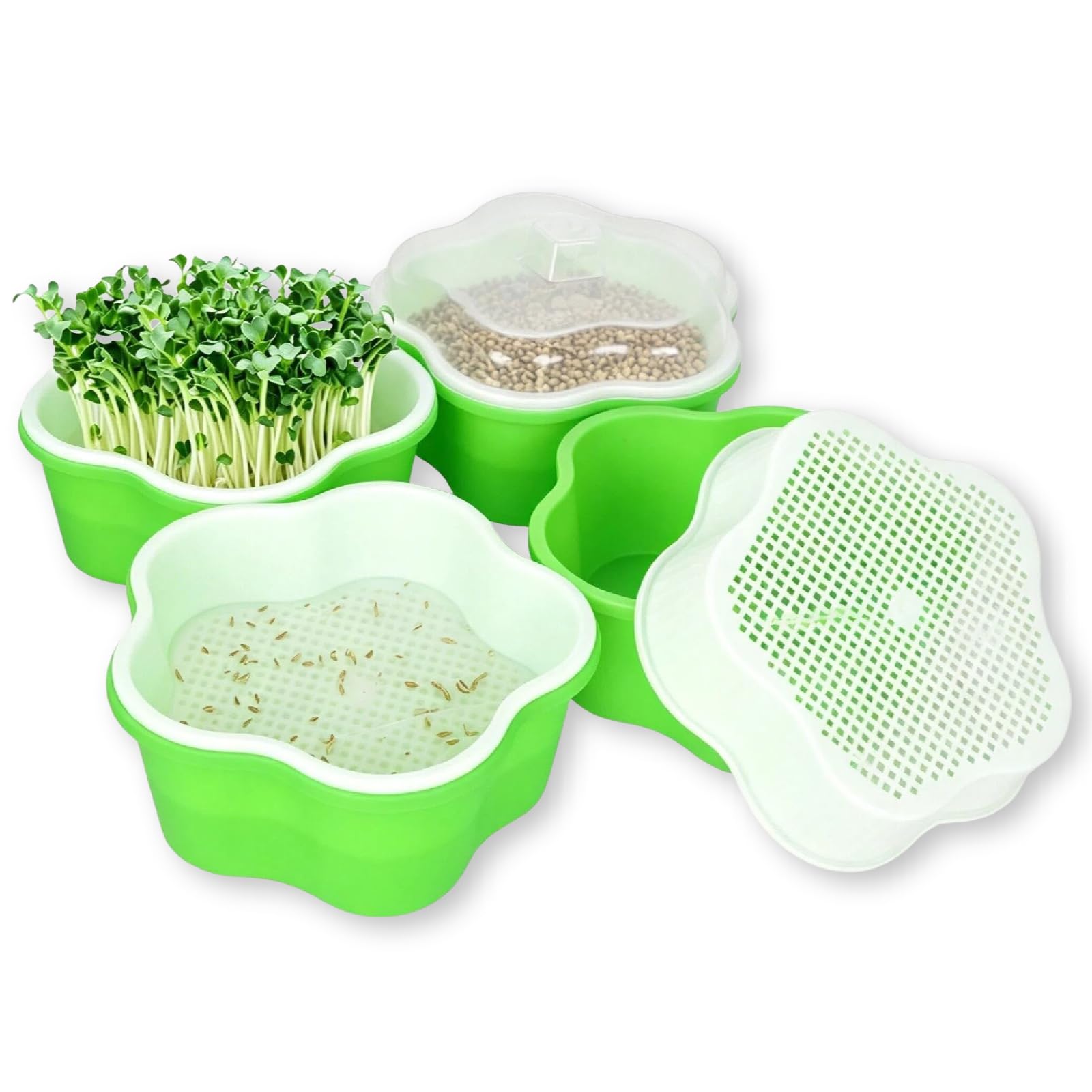 Juego de 4 Cuencos Grandes de 18 cm para Brotes, Torre de Brotes de Semillas, Bandeja de Germinación para Cultivo de Plántulas, Guisantes, Trigo, Hierba de Gato, Plástico sin BPA