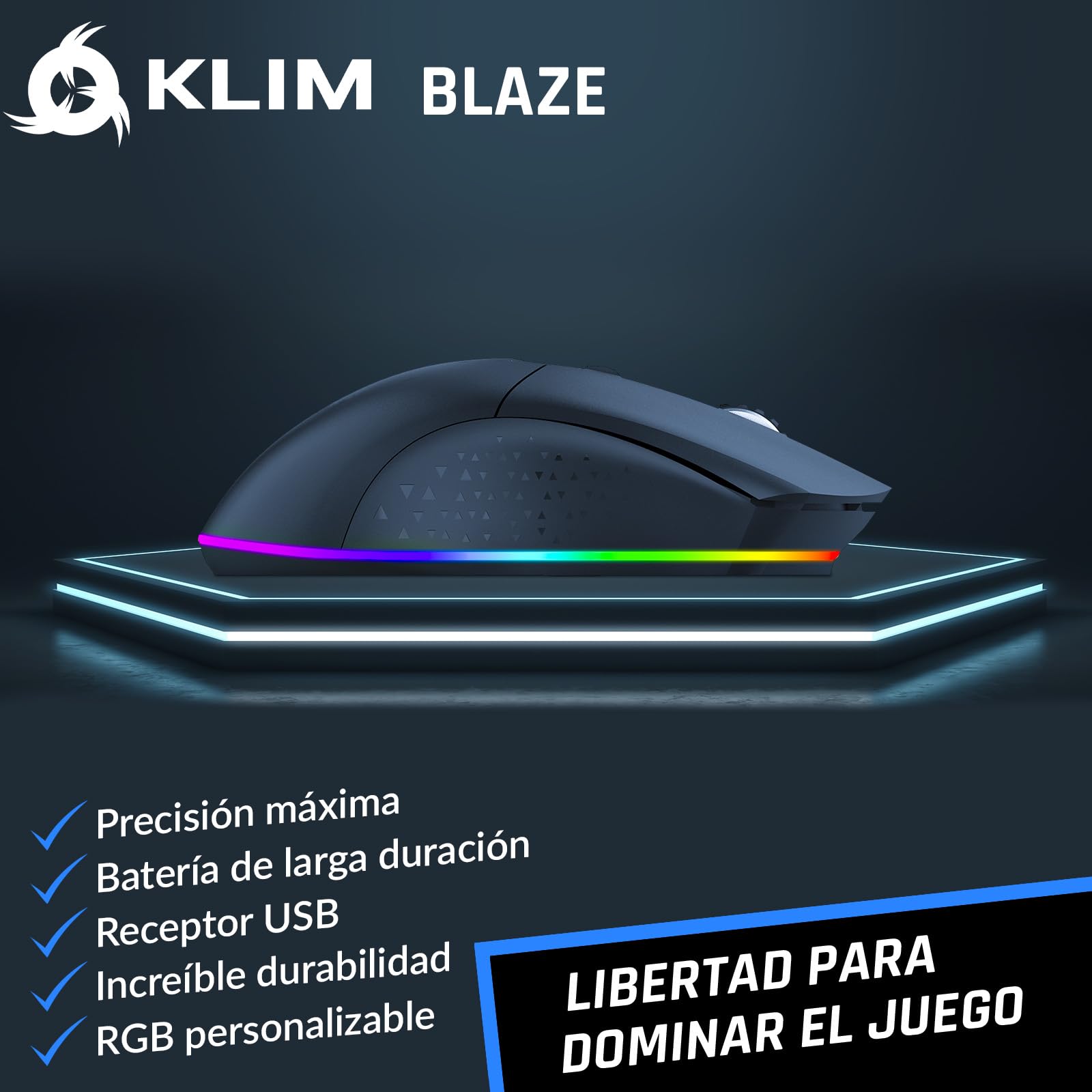 KLIM Blaze Ratón Gaming Inalámbrico RGB Recargable, hasta 10000 dpi | Botones Probados para 20 Millones de Clics, Laterales Antideslizantes Adaptables a Cualquier Agarre, Negro