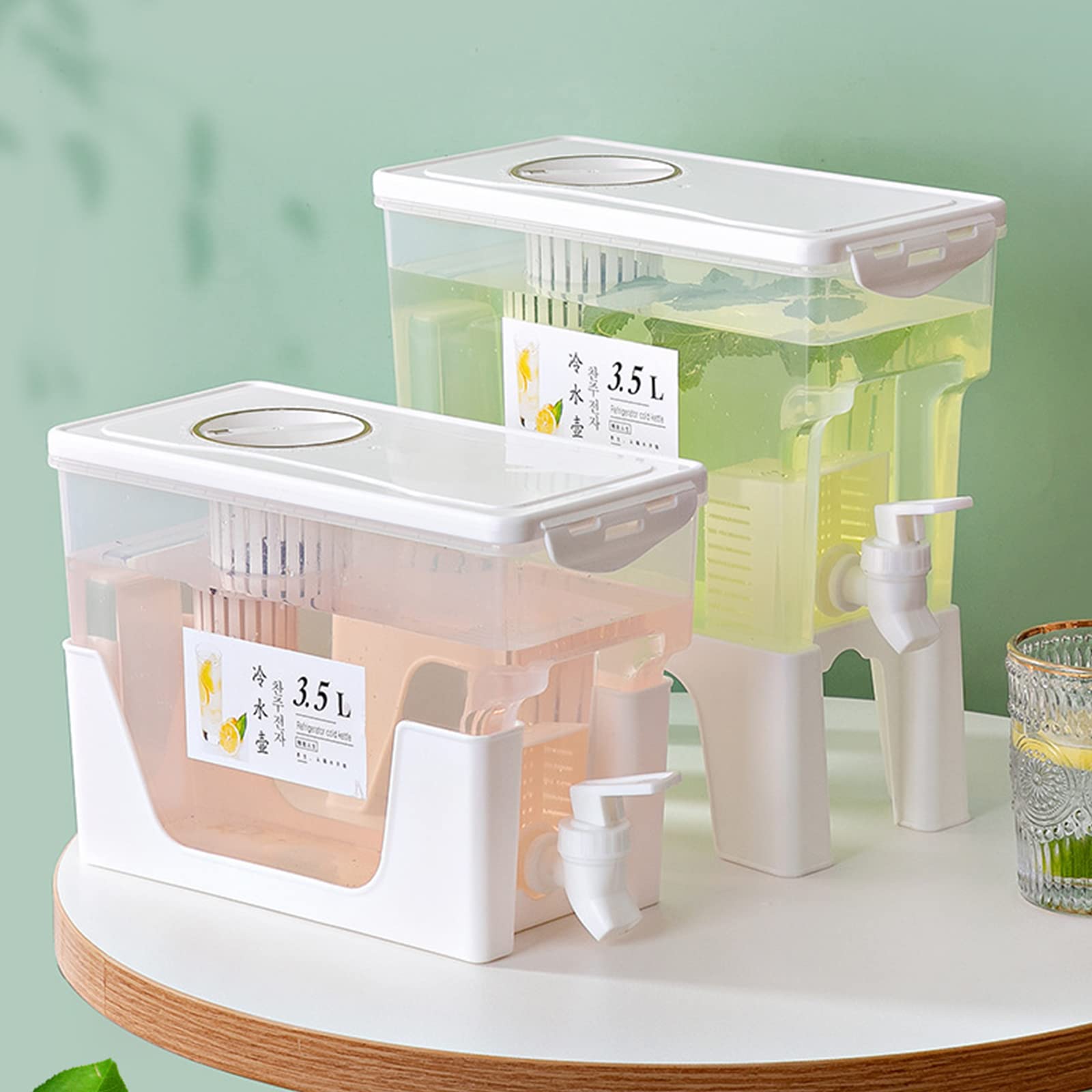 IUIBMI 2PCS 0.92 Gallon Plastic Drink Dispenser with Spigot and Stand for Fridge, Beverage Dispensers for Parties, Filter Screen Anti Blocking, Independent Container to Filter Fruit Residue