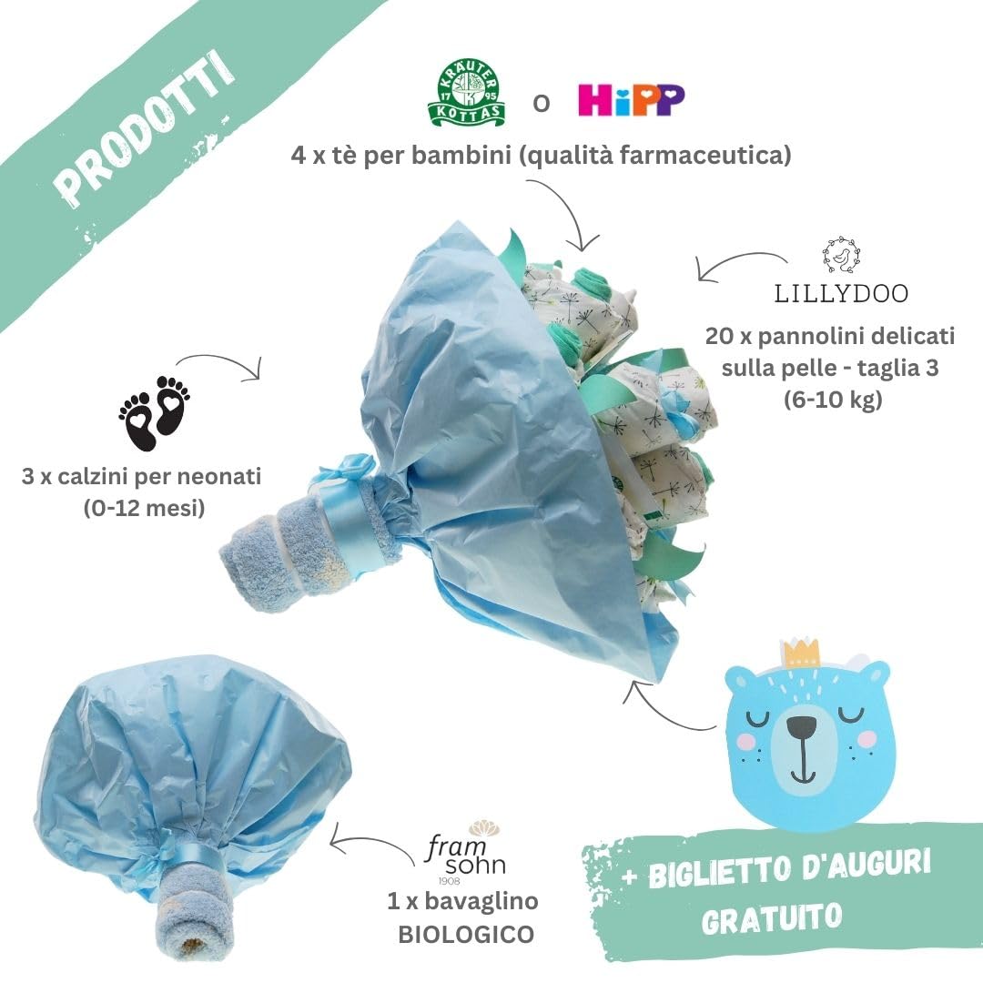 myBambini ® bouquet bouquet [bouquet di fiori] - torta di pannolini - regalo per la nascita - baby shower - pannolini - regalo per il bambino - acquistare torta (ragazzo/ragazzo/blu)