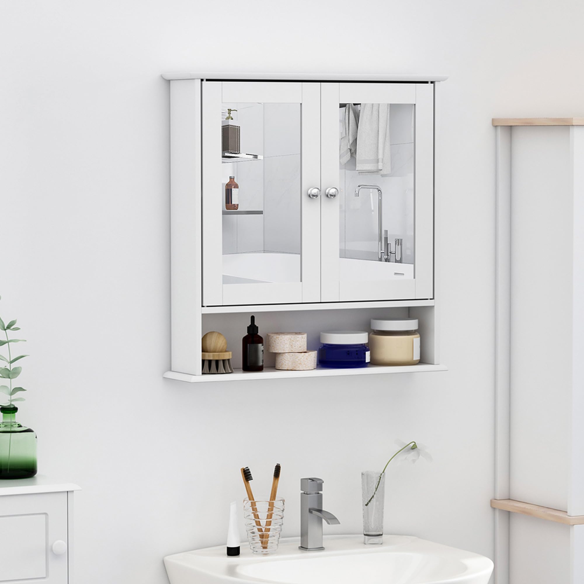 kleankin Armario de Baño con Espejo de Pared con 2 Puertas y 3 Niveles para Almacenamiento, para Pared de Cocina, Baño, Salón, con Tablero de MDF Blanco 56x13x58cm