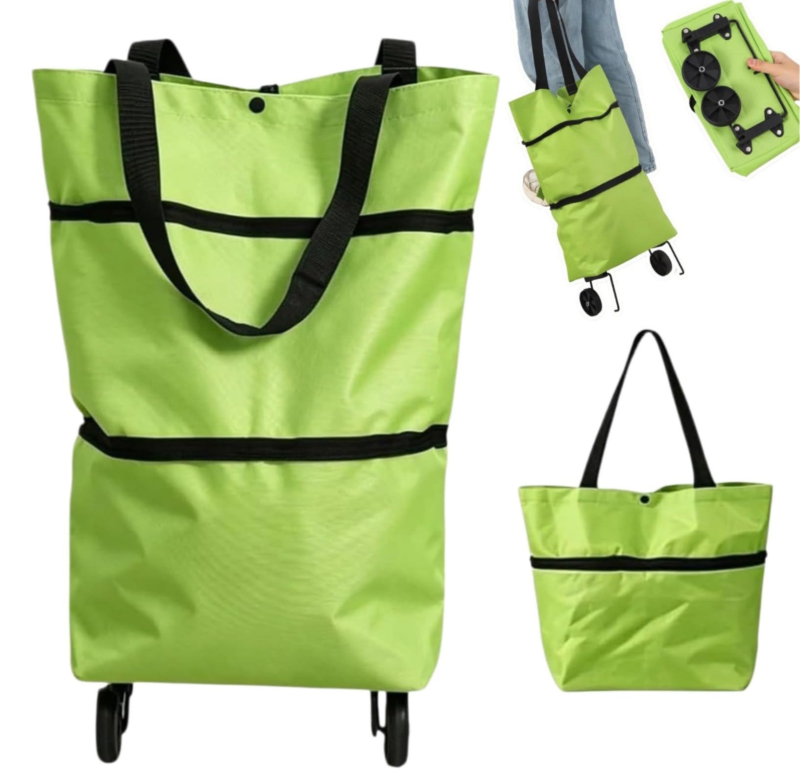 2-In-1 Foldable Shopping Cart, Foldable Shopping Bag with Wheels, Portable Folding Shoppings Trolley Bag, Lightweight Collapsible, Reusable Tote Bag for Supermarket, Travel, Laundry, Home (Green)