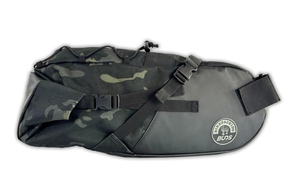 Seat Bag Bikepacking - Bolsa de sillín de bicicleta impermeable de gran capacidad con bolsa de compresión (negro/camo)