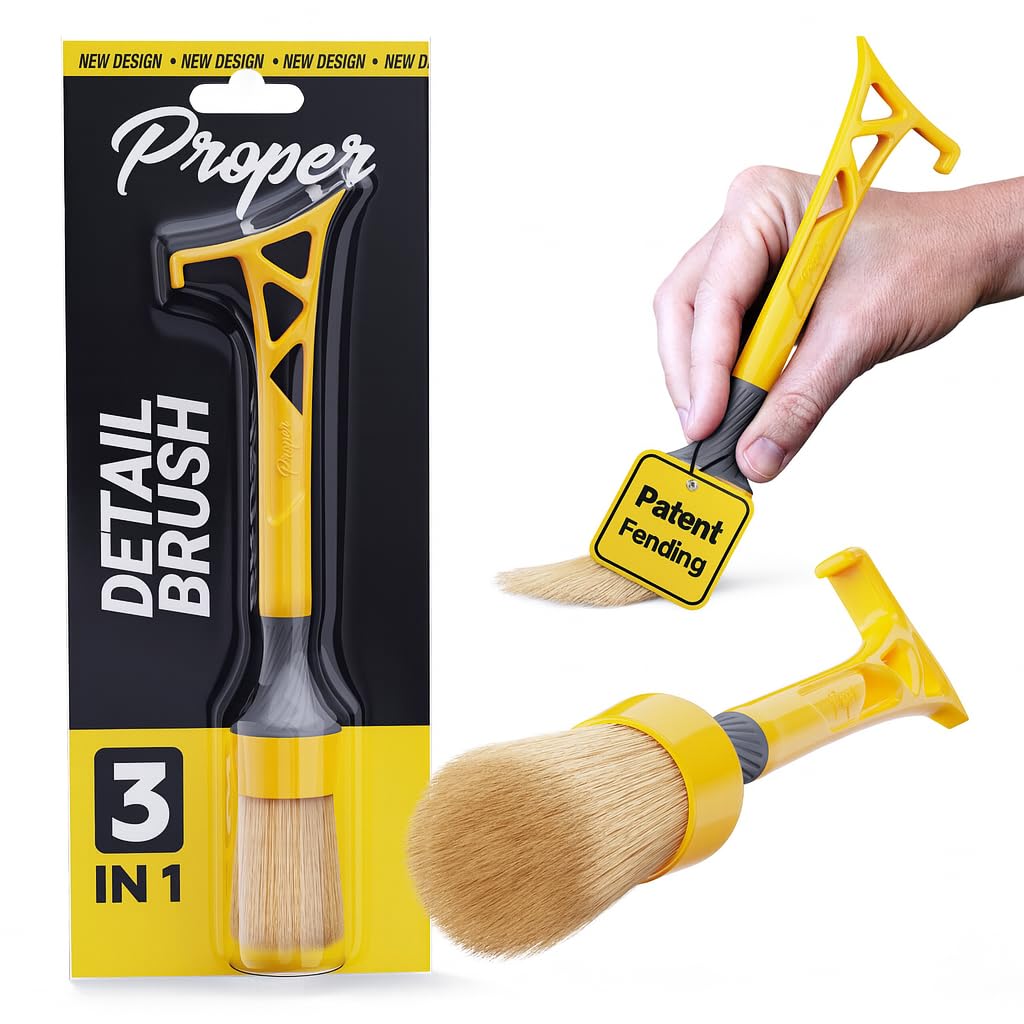 Ultra Soft Boars Hair Detailing Brush, 3 in 1 Patent Pending Design, Detail Automotive Interior or Exterior, get Professional Results with Proper Detail Brushes Car Detailing