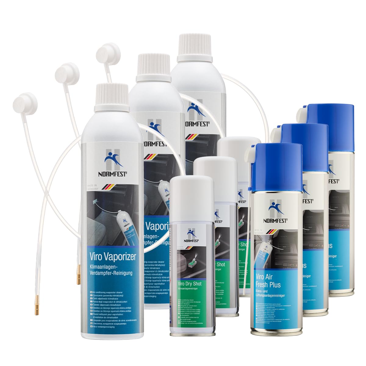 Normfest 3x Viro Starter Set – 3-teiliges Klimaanlagen-Reinigungsset gegen Bakterien, Schimmel & Gerüche, inkl. Verdampfer-, Kanal- & Innenraumreiniger mit Citrusduft – Gesamtinhalt 2400ml