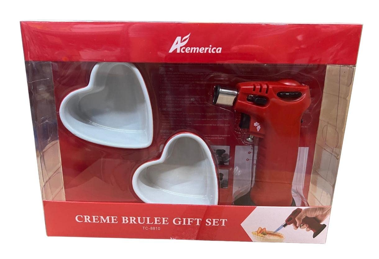 Crème Brulee Gift Set Mini Culinary Torch and 2 Heart Shaped Ramekin Gift Set