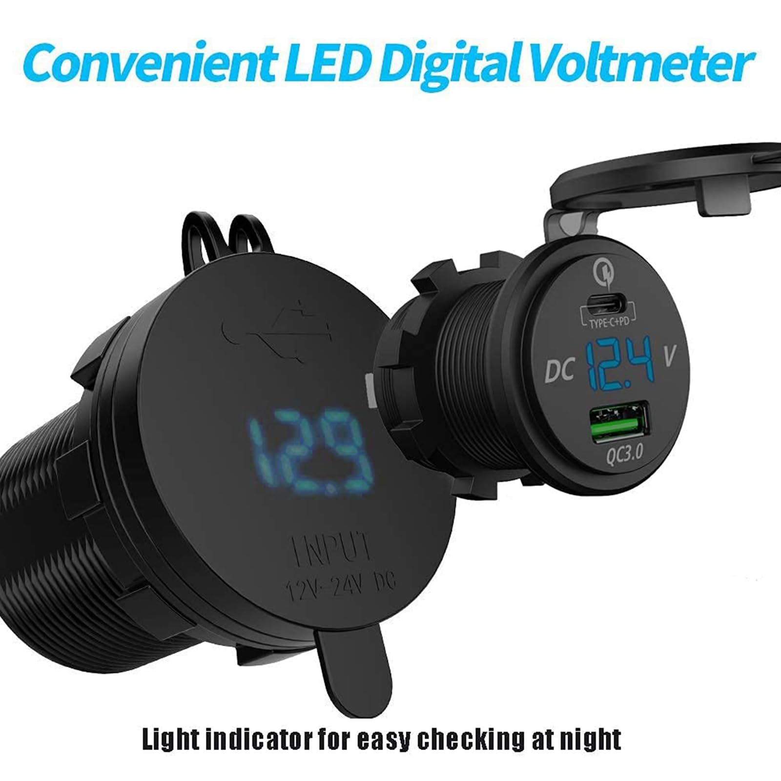 QC 3.0 Dual USB Car Fast Charger Socket Power Outlet LED Voltmetro impermeabile USB C caricabatteria da auto doppia presa USB per 12 V/24 V Marine Boat Motorcycle Truck RV (verde